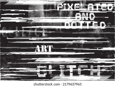Glitch distorted geometric shape . Noise destroyed logo . Trendy defect error shapes . Glitched frame .Grunge textured . Distressed effect .Vector shapes with a halftone dots screen print texture.