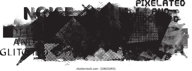 Glitch distorted geometric shape . Noise destroyed logo . Trendy defect error shapes . Glitched frame .Grunge textured . Distressed effect .Vector shapes with a halftone dots screen print texture.