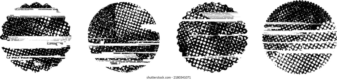 Glitch distorted geometric shape . Noise destroyed stamps . Trendy defect error shapes . Glitched frame .Grunge textured . Distressed effect .Vector stamps with a halftone dots screen print texture.