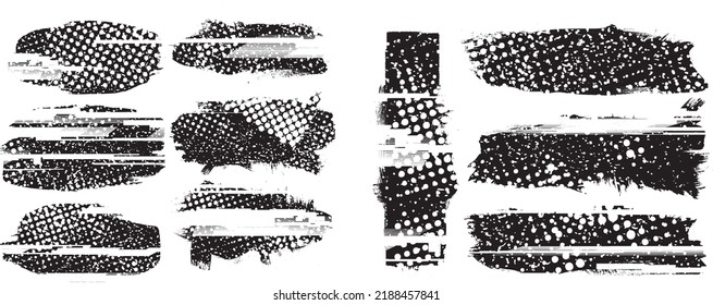 Glitch distorted geometric shape . Noise destroyed logo . Trendy defect error shapes . Glitched frame .Grunge textured . Distressed effect .Vector shapes with a halftone dots screen print texture.