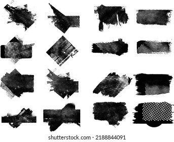 Glitch distorted geometric shape . Noise destroyed logo . Trendy defect error shapes . Glitched frame .Grunge textured . Distressed effect .Vector shapes with a halftone dots screen print texture.