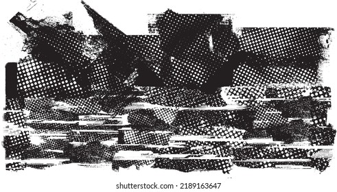 Forma geométrica distorsionada por destello. Logo destruido por ruido. Formas de error de defecto de moda . Marco brillante. Grunge texturado. Efecto perturbado .Formas vectoras con una textura de impresión de pantalla de puntos de medio tono.
