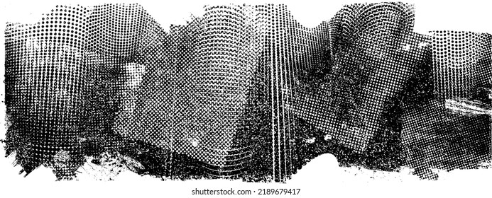 Glitch distorted geometric shape . Noise destroyed logo . Trendy defect error shapes . Glitched frame .Grunge textured . Distressed effect .Vector shapes with a halftone dots screen print texture.