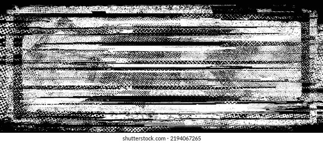 Forma geométrica distorsionada por destello. Logo destruido por ruido. Formas de error de defecto de moda . Marco brillante. Grunge texturado. Efecto perturbado .Formas vectoras con una textura de impresión de pantalla de puntos de medio tono.