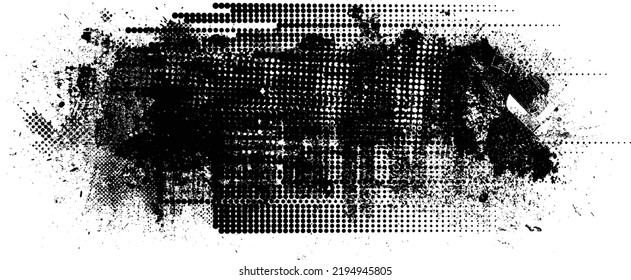 Glitch distorted geometric shape . Noise destroyed logo . Trendy defect error shapes . Glitched frame .Grunge textured . Distressed effect .Vector shapes with a halftone dots screen print texture.