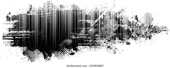 Glitch distorted geometric shape . Noise destroyed logo . Trendy defect error shapes . Glitched frame .Grunge textured . Distressed effect .Vector shapes with a halftone dots screen print texture.