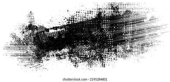 Glitch distorted geometric shape . Noise destroyed logo . Trendy defect error shapes . Glitched frame .Grunge textured . Distressed effect .Vector shapes with a halftone dots screen print texture.