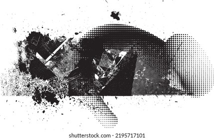 Glitch distorted geometric shape . Noise destroyed logo . Trendy defect error shapes . Glitched frame .Grunge textured . Distressed effect .Vector shapes with a halftone dots screen print texture.