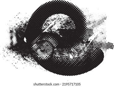 Glitch distorted geometric shape . Noise destroyed logo . Trendy defect error shapes . Glitched frame .Grunge textured . Distressed effect .Vector shapes with a halftone dots screen print texture.