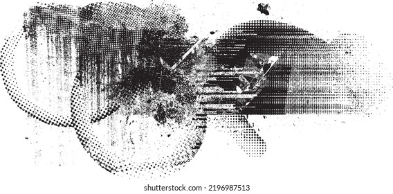 Glitch distorted geometric shape . Noise destroyed logo . Trendy defect error shapes . Glitched frame .Grunge textured . Distressed effect .Vector shapes with a halftone dots screen print texture.