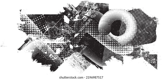 Glitch distorted geometric shape . Noise destroyed logo . Trendy defect error shapes . Glitched frame .Grunge textured . Distressed effect .Vector shapes with a halftone dots screen print texture.