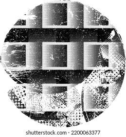 Glitch distorted geometric shape . Noise destroyed logo . Trendy defect error shapes . Glitched frame .Grunge textured . Distressed effect .Vector shapes with a halftone dots screen print texture.