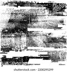 Glitch distorted geometric shape . Noise destroyed logo . Trendy defect error shapes . Glitched frame .Grunge textured . Distressed effect .Vector shapes with a halftone dots screen print texture.