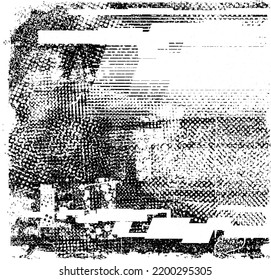 Glitch distorted geometric shape . Noise destroyed logo . Trendy defect error shapes . Glitched frame .Grunge textured . Distressed effect .Vector shapes with a halftone dots screen print texture.