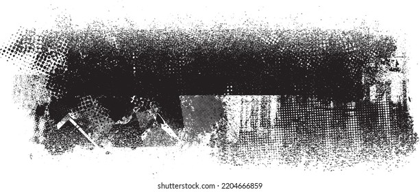 Glitch distorted geometric shape . Noise destroyed logo . Trendy defect error shapes . Glitched frame .Grunge textured . Distressed effect .Vector shapes with a halftone dots screen print texture.