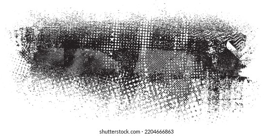 Glitch distorted geometric shape . Noise destroyed logo . Trendy defect error shapes . Glitched frame .Grunge textured . Distressed effect .Vector shapes with a halftone dots screen print texture.