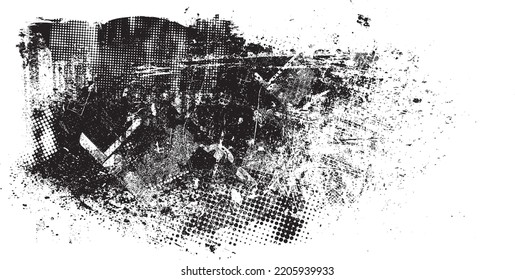 Glitch distorted geometric shape . Noise destroyed logo . Trendy defect error shapes . Glitched frame .Grunge textured . Distressed effect .Vector shapes with a halftone dots screen print texture.