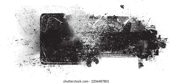 Glitch distorted geometric shape . Noise destroyed logo . Trendy defect error shapes . Glitched frame .Grunge textured . Distressed effect .Vector shapes with a halftone dots screen print texture.