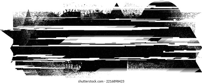 Forma geométrica distorsionada por destello. Logo destruido por ruido. Formas de error de defecto de moda . Marco brillante. Grunge texturado. Efecto perturbado .Formas vectoras con una textura de impresión de pantalla de líneas tecnológicas.