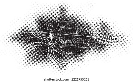 Forma geométrica distorsionada por destello. Logo destruido por ruido. Formas de error de defecto de moda . Marco brillante. Grunge texturado. Efecto perturbado .Formas vectoras con una textura de impresión de pantalla de puntos de medio tono.