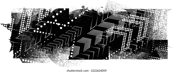 Glitch distorted geometric shape . Noise destroyed logo . Trendy defect error shapes . Glitched frame .Grunge textured . Distressed effect .Vector shapes with a halftone dots screen print texture.