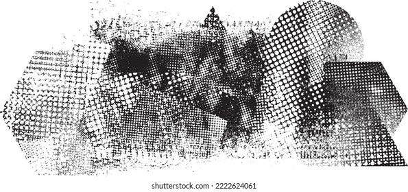 Glitch distorted geometric shape . Noise destroyed logo . Trendy defect error shapes . Glitched frame .Grunge textured . Distressed effect .Vector shapes with a halftone dots screen print texture.