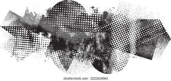 Glitch distorted geometric shape . Noise destroyed logo . Trendy defect error shapes . Glitched frame .Grunge textured . Distressed effect .Vector shapes with a halftone dots screen print texture.