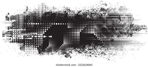 Glitch distorted geometric shape . Noise destroyed logo . Trendy defect error shapes . Glitched frame .Grunge textured . Distressed effect .Vector shapes with a halftone dots screen print texture.