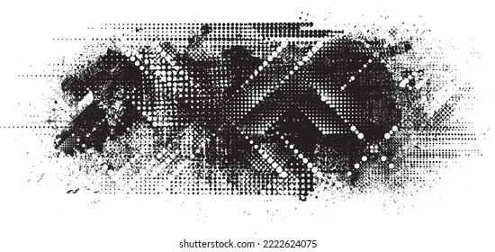 Glitch distorted geometric shape . Noise destroyed logo . Trendy defect error shapes . Glitched frame .Grunge textured . Distressed effect .Vector shapes with a halftone dots screen print texture.