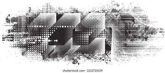 Glitch distorted geometric shape . Noise destroyed logo . Trendy defect error shapes . Glitched frame .Grunge textured . Distressed effect .Vector shapes with a halftone dots screen print texture.