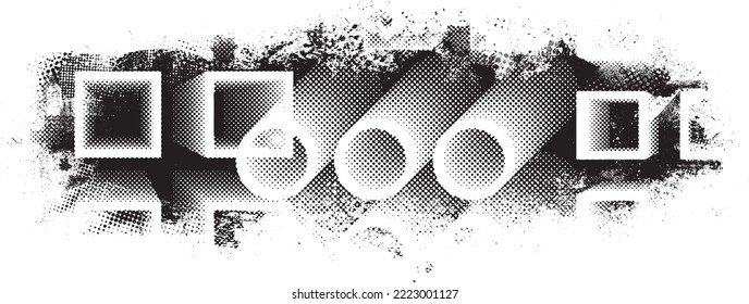 Forma geométrica distorsionada por destello. Logo destruido por ruido. Formas de error de defecto de moda . Marco brillante. Grunge texturado. Efecto perturbado .Formas vectoras con una textura de impresión de pantalla de puntos de medio tono.