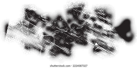 Glitch distorted geometric shape . Noise destroyed blobs . Trendy defect error shapes . Glitched frame .Grunge textured . Distressed effect .Vector shapes with a halftone dots screen print texture.