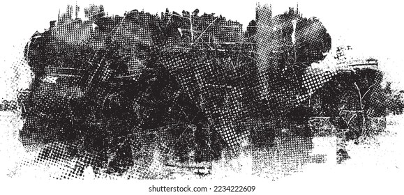 Glitch distorted geometric shape . Noise destroyed logo . Trendy defect error shapes . Glitched frame .Grunge textured . Distressed effect .Vector shapes with a halftone dots screen print texture.