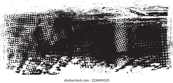 Glitch distorted geometric shape . Noise destroyed logo . Trendy defect error shapes . Glitched frame .Grunge textured . Distressed effect .Vector shapes with a halftone dots screen print texture.