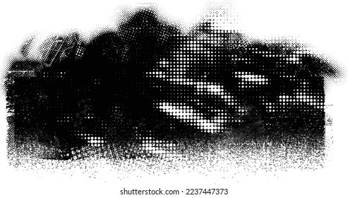 Glitch distorted geometric shape . Noise destroyed logo . Trendy defect error shapes . Glitched frame .Grunge textured . Distressed effect .Vector shapes with a halftone dots screen print texture.