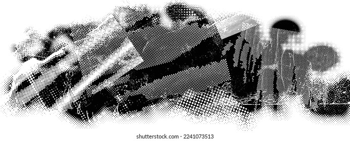 Glitch distorted geometric shape . Noise destroyed logo . Trendy defect error shapes . Glitched frame .Grunge textured . Distressed effect .Vector shapes with a halftone dots screen print texture.