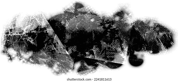 Glitch distorted geometric shape . Noise destroyed logo . Trendy defect error shapes . Glitched frame .Grunge textured . Distressed effect .Vector shapes with a halftone dots screen print texture.