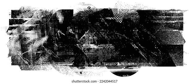 Glitch distorted geometric shape . Noise destroyed logo . Trendy defect error shapes . Glitched frame .Grunge textured . Distressed effect .Vector shapes with a halftone dots screen print texture.