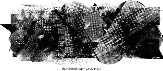 Glitch distorted geometric shape . Noise destroyed logo . Trendy defect error shapes . Glitched frame .Grunge textured . Distressed effect .Vector shapes with a halftone dots screen print texture.