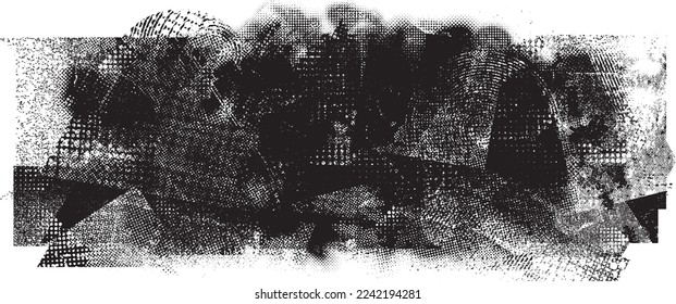 Glitch distorted geometric shape . Noise destroyed logo . Trendy defect error shapes . Glitched frame .Grunge textured . Distressed effect .Vector shapes with a halftone dots screen print texture.