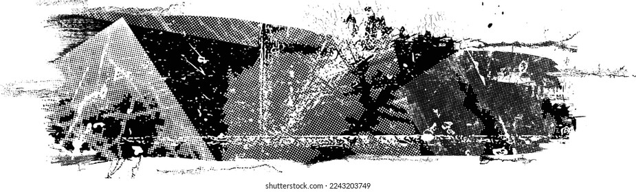 Forma geométrica distorsionada por destello. Logo destruido por ruido. Formas de error de defecto de moda . Marco brillante. Grunge texturado. Efecto perturbado .Formas vectoras con una textura de impresión de pantalla de puntos de medio tono.