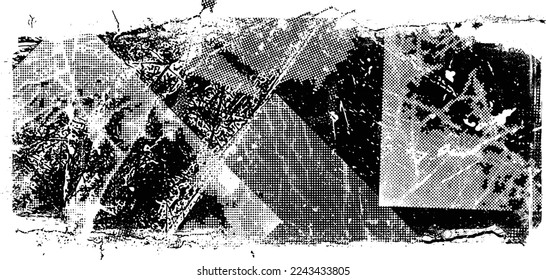 Forma geométrica distorsionada por destello. Logo destruido por ruido. Formas de error de defecto de moda . Marco brillante. Grunge texturado. Efecto perturbado .Formas vectoras con una textura de impresión de pantalla de puntos de medio tono.