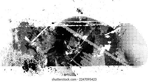 Forma geométrica distorsionada por destello. Logo destruido por ruido. Formas de error de defecto de moda . Marco brillante. Grunge texturado. Efecto perturbado .Formas vectoras con una textura de impresión de pantalla de puntos de medio tono.