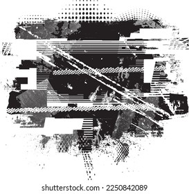 Glitch distorted geometric shape . Noise destroyed logo . Trendy defect error shapes . Glitched frame .Grunge textured . Distressed effect .Vector shapes with a halftone dots screen print texture.
