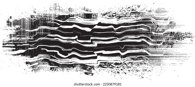 Glitch distorted geometric shape . Noise destroyed logo . Trendy defect error shapes . Glitched frame .Grunge textured . Distressed effect .Vector shapes with a halftone dots screen print texture.