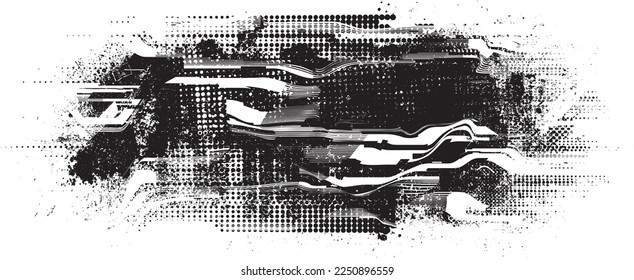 Glitch distorted geometric shape . Noise destroyed logo . Trendy defect error shapes . Glitched frame .Grunge textured . Distressed effect .Vector shapes with a halftone dots screen print texture.