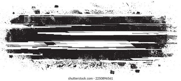Glitch distorted geometric shape . Noise destroyed logo . Trendy defect error shapes . Glitched frame .Grunge textured . Distressed effect .Vector shapes with a halftone dots screen print texture.