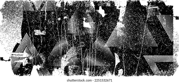 Forma geométrica distorsionada por destello. Logo destruido por ruido. Formas de error de defecto de moda . Marco brillante. Grunge texturado. Efecto perturbado .Formas vectoras con una textura de impresión de pantalla de puntos de medio tono.