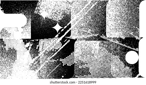 Glitch distorted geometric shape . Noise destroyed logo . Trendy defect error shapes . Glitched frame .Grunge textured . Distressed effect .Vector shapes with a halftone dots screen print texture.