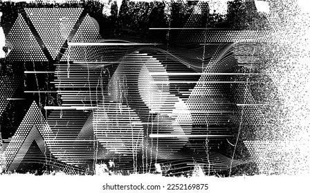 Glitch distorted geometric shape . Noise destroyed logo . Trendy defect error shapes . Glitched frame .Grunge textured . Distressed effect .Vector shapes with a halftone dots screen print texture.